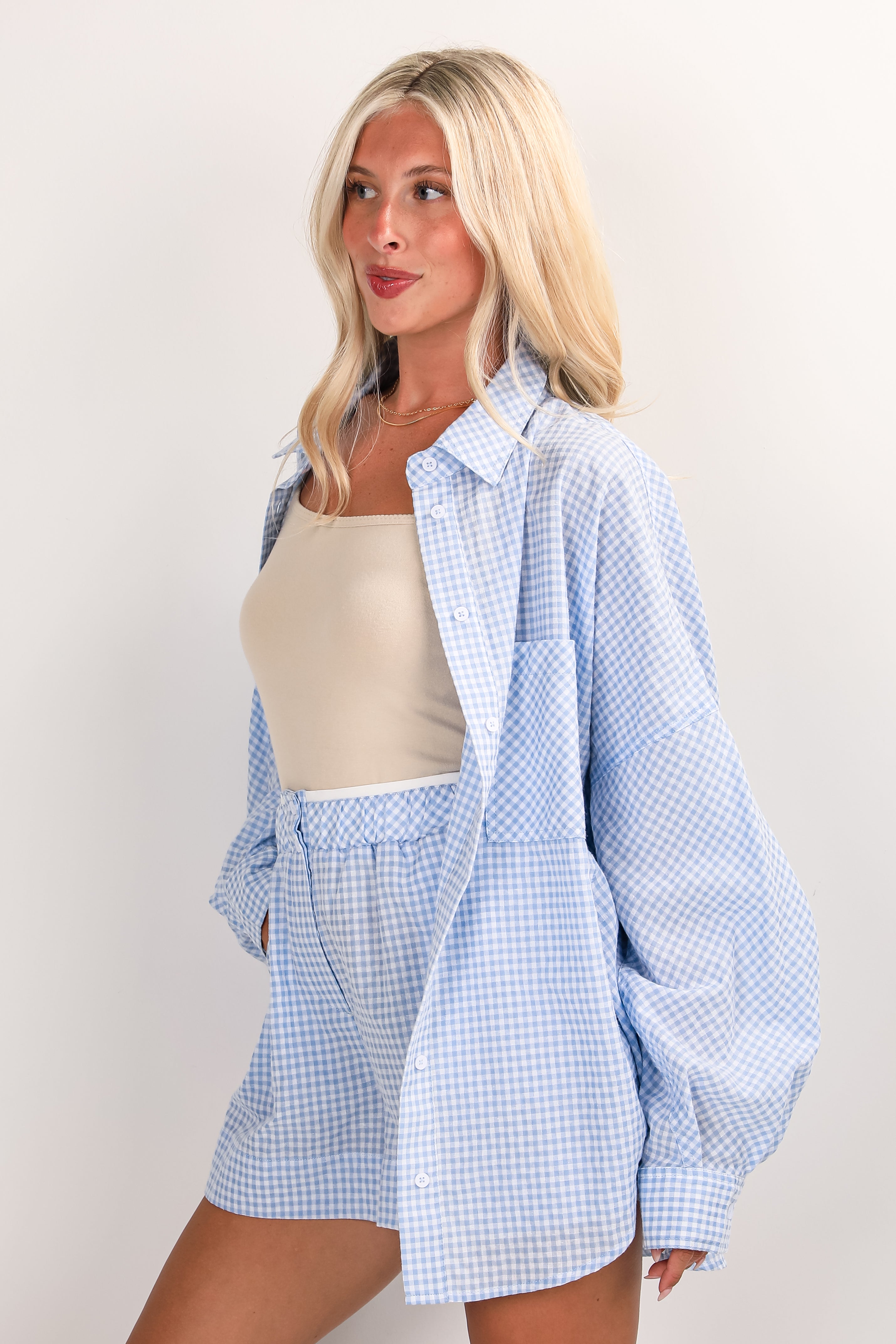 Daydream Delight Light Blue Gingham Button-Up Blouse