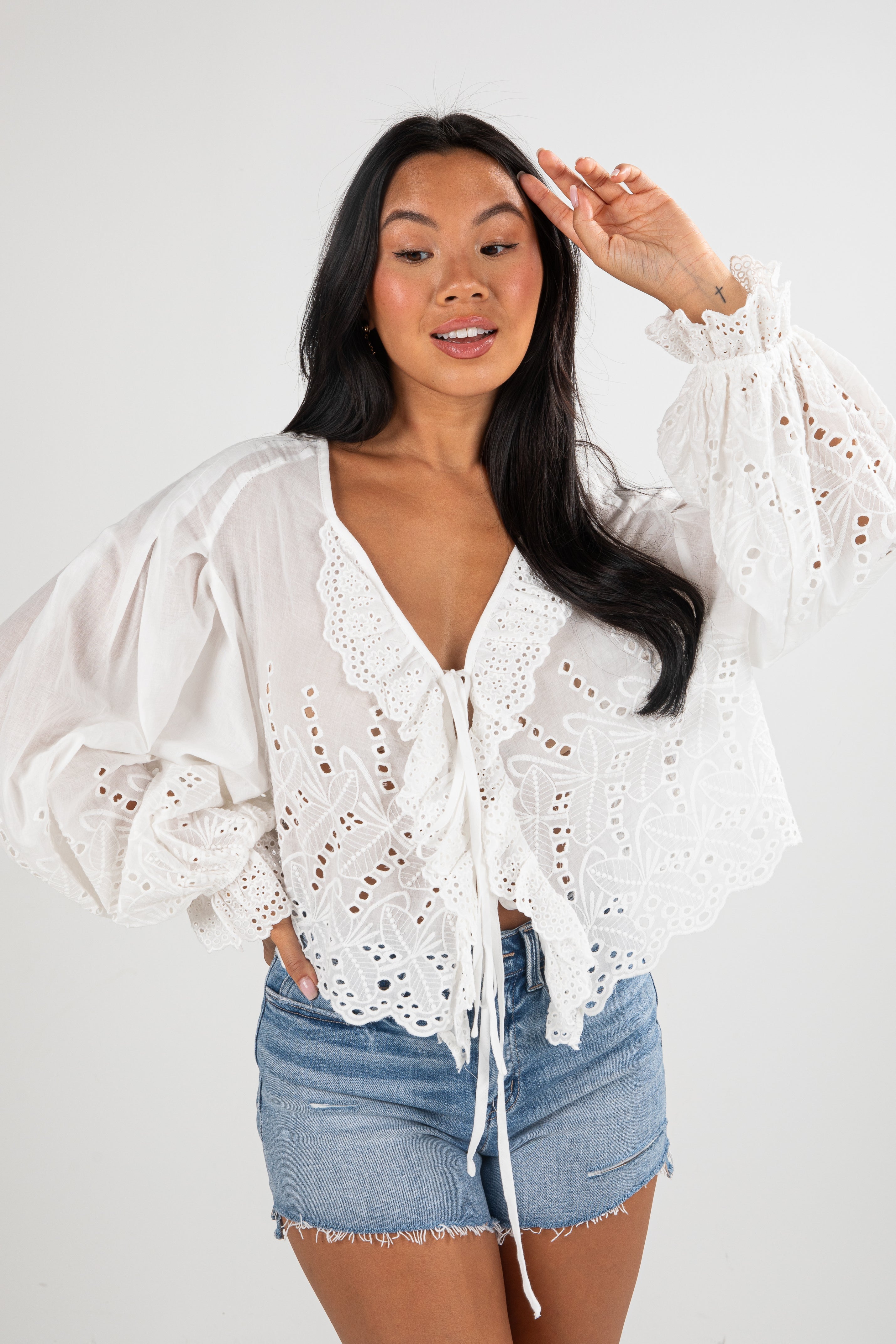 Filled With Joy White Eyelet Tie Blouse