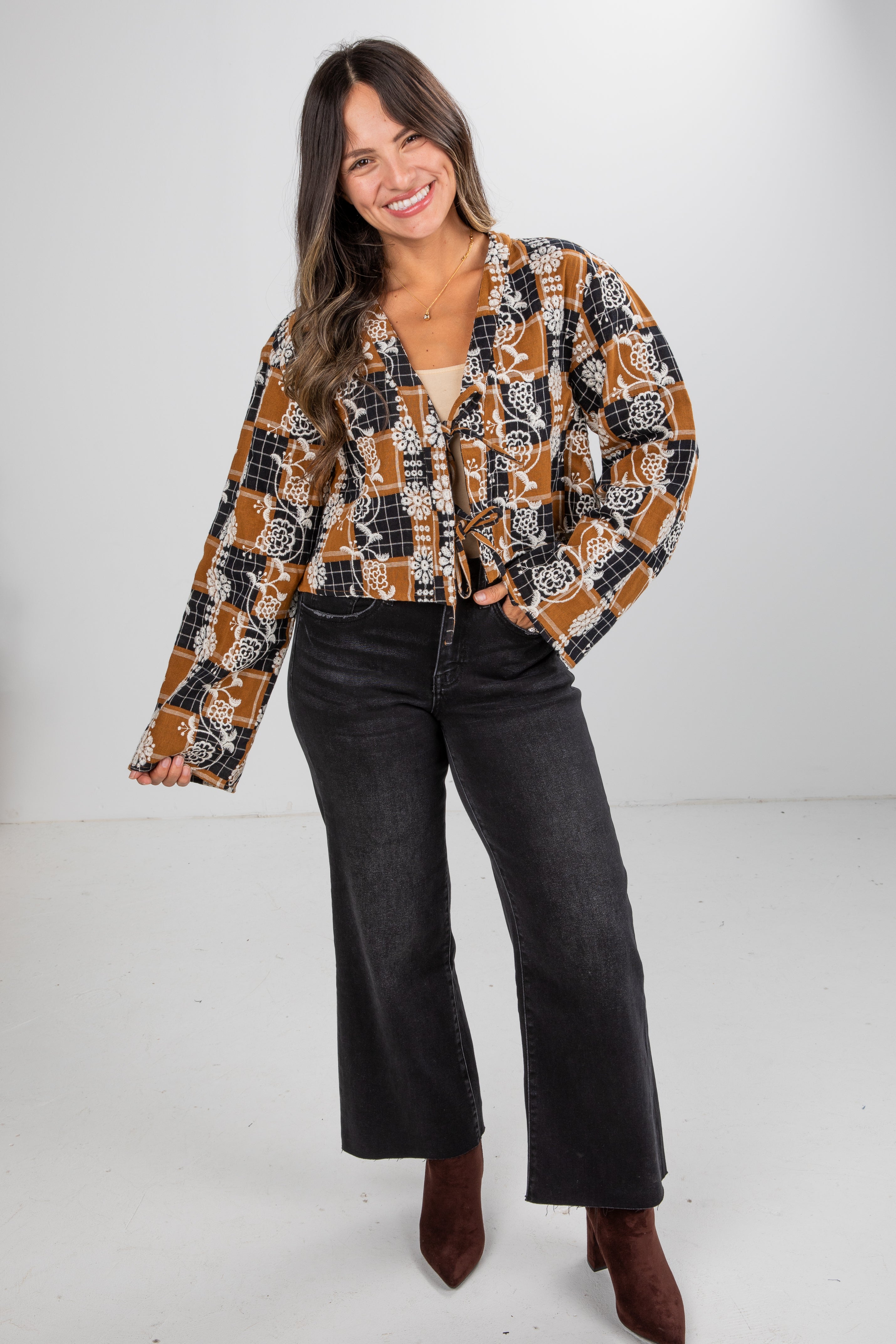 Wonderful Times Black Plaid Embroidered Tie Blouse