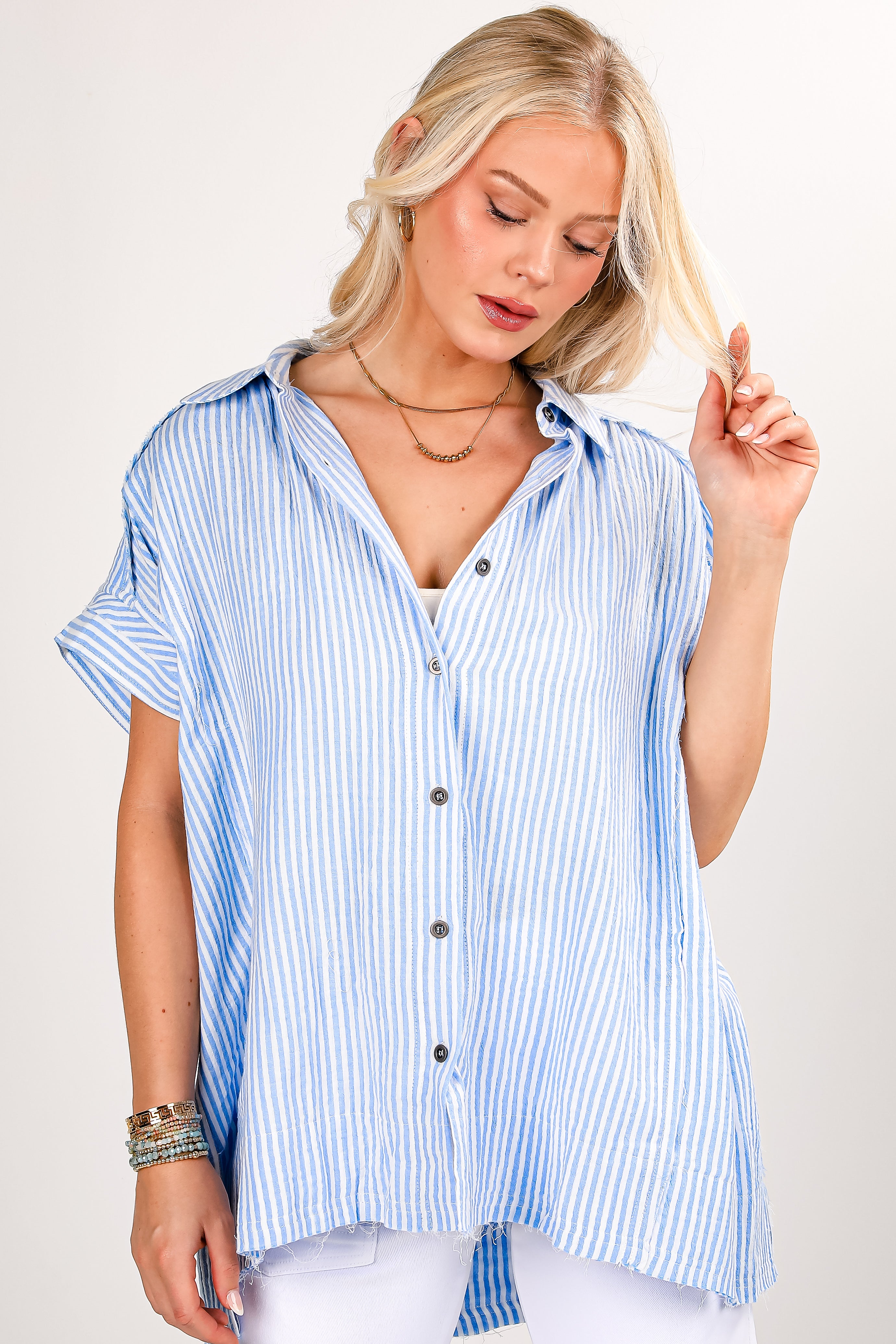 In The Beginning Light Blue Striped Oversized Blouse