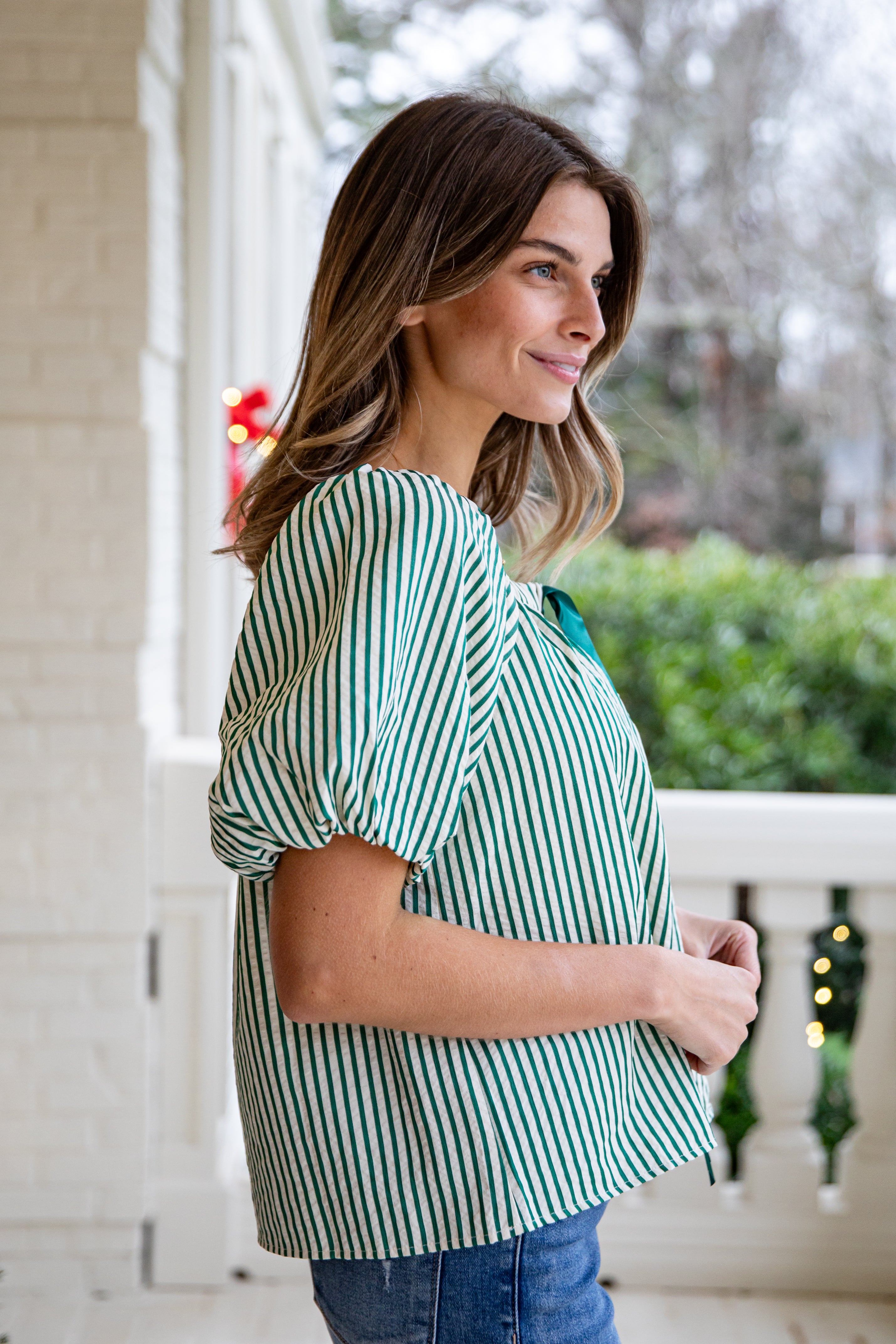 Holiday Twist Green Stripe Blouse