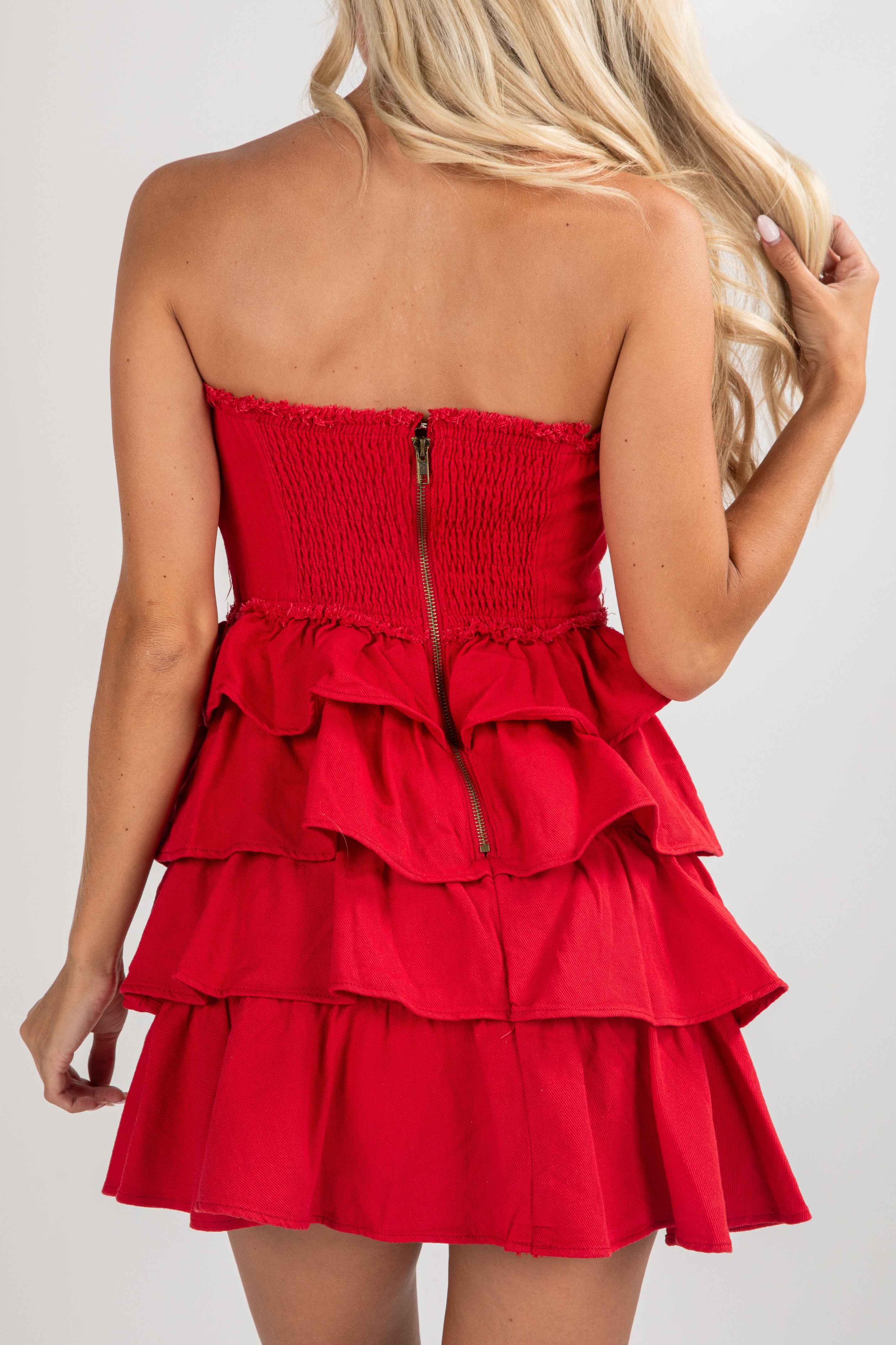 First Down Tiered Strapless Mini Dress