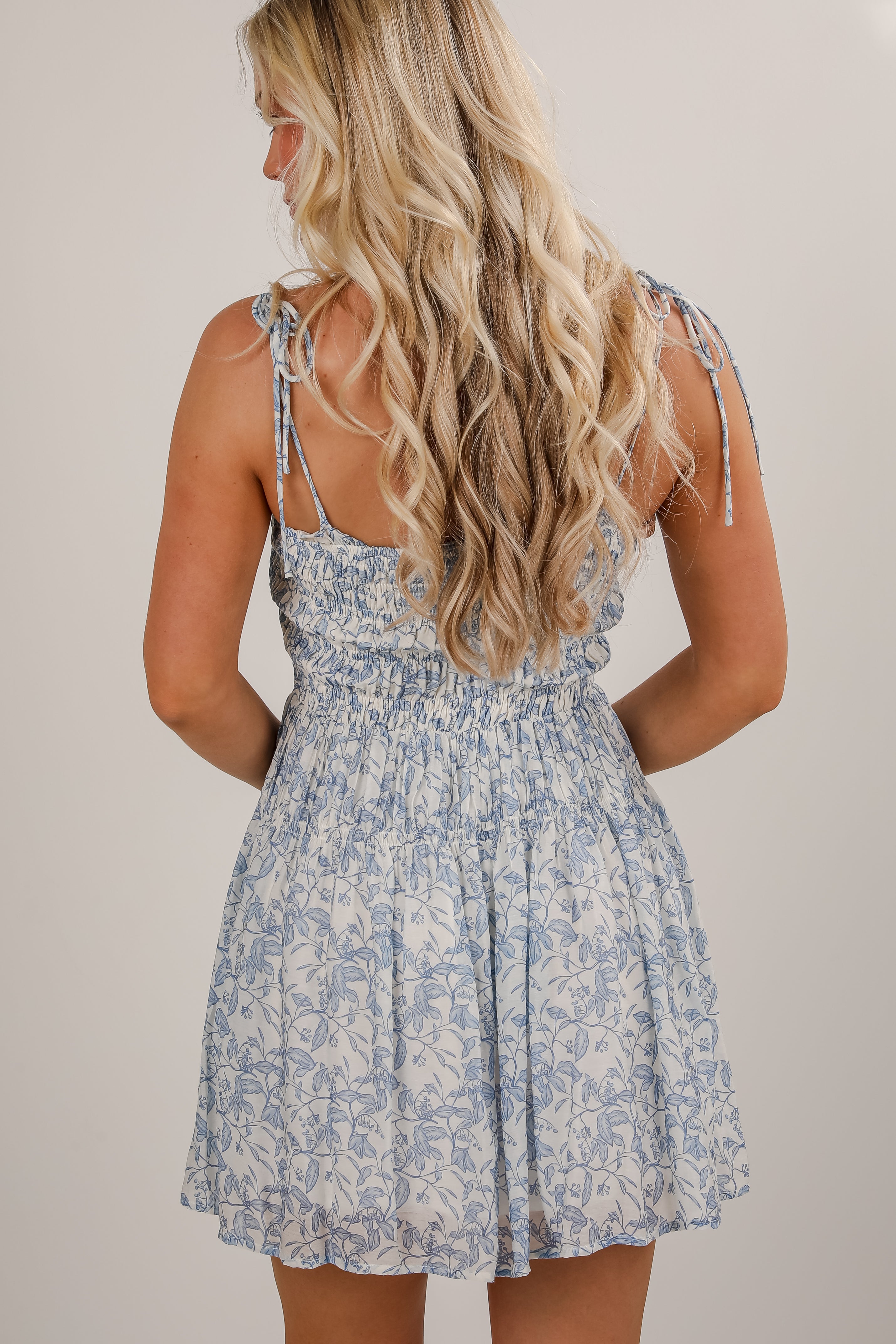 Never Far Away Blue Smocked Leaf Print Mini Dress