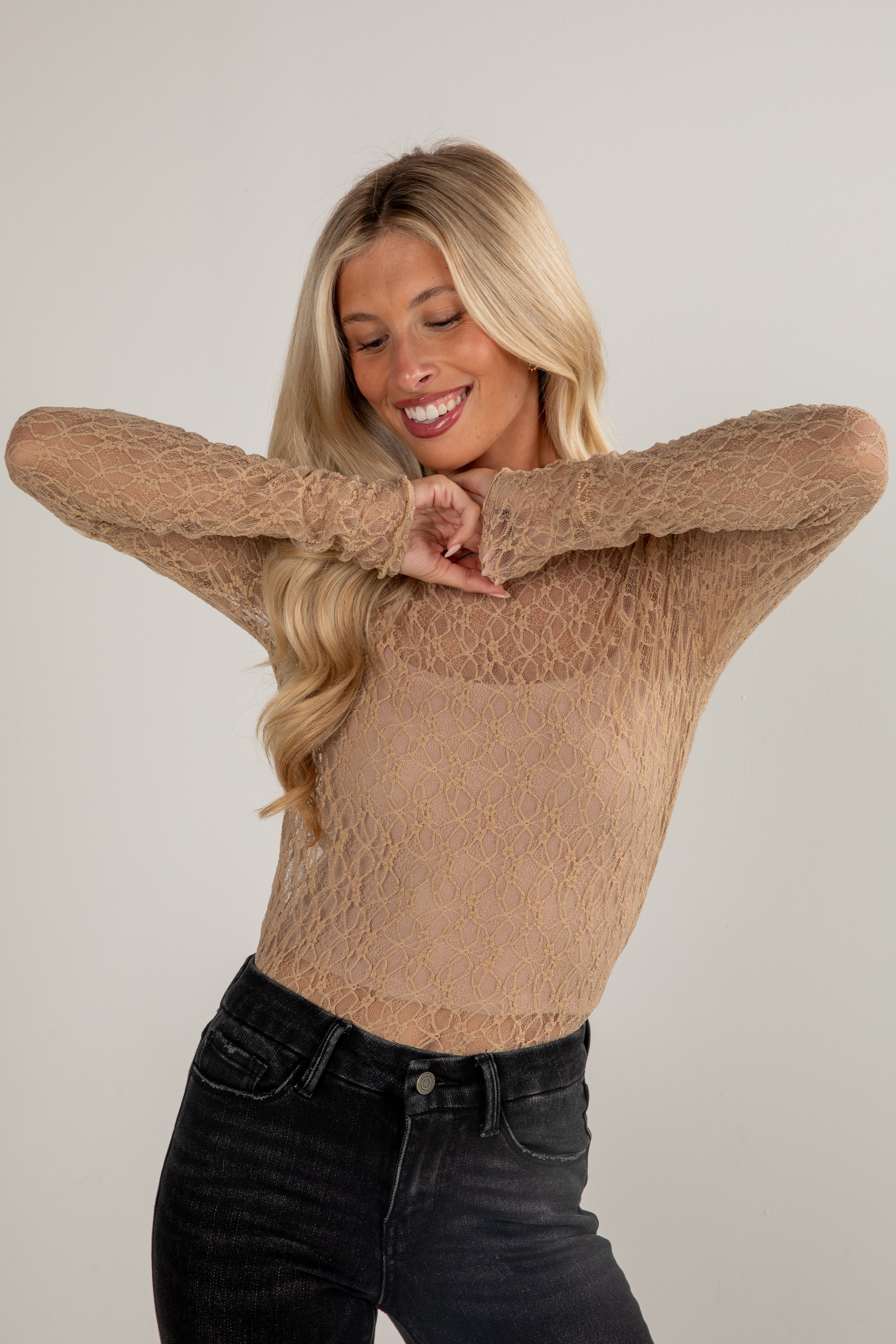 Take Your Chances Taupe Mesh Lace Top