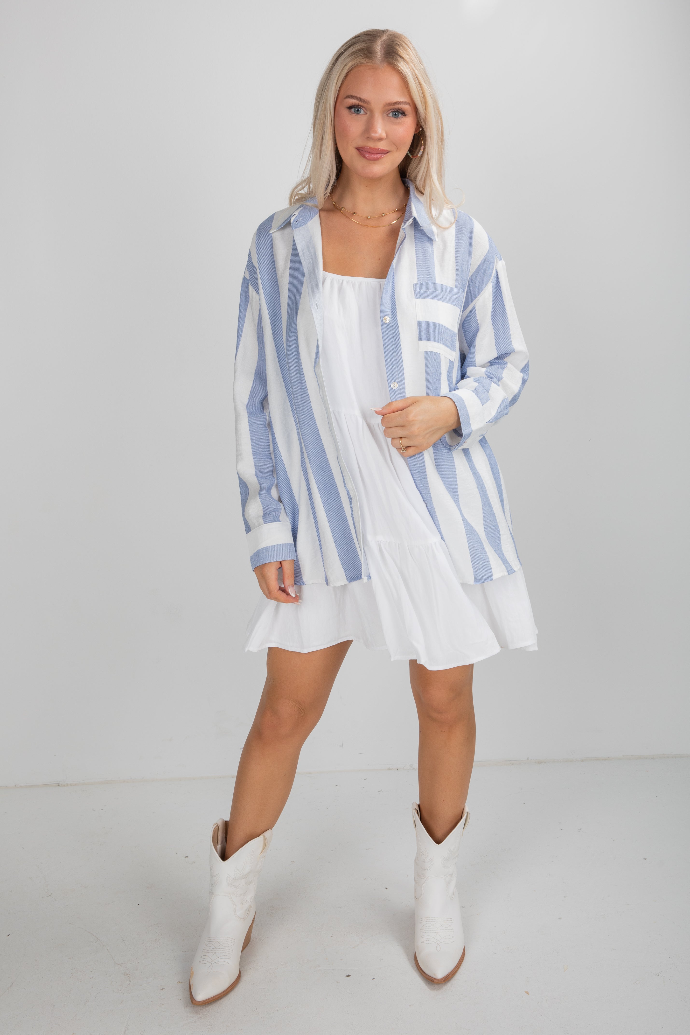 Essential Fit Light Blue Striped Button-Up Blouse