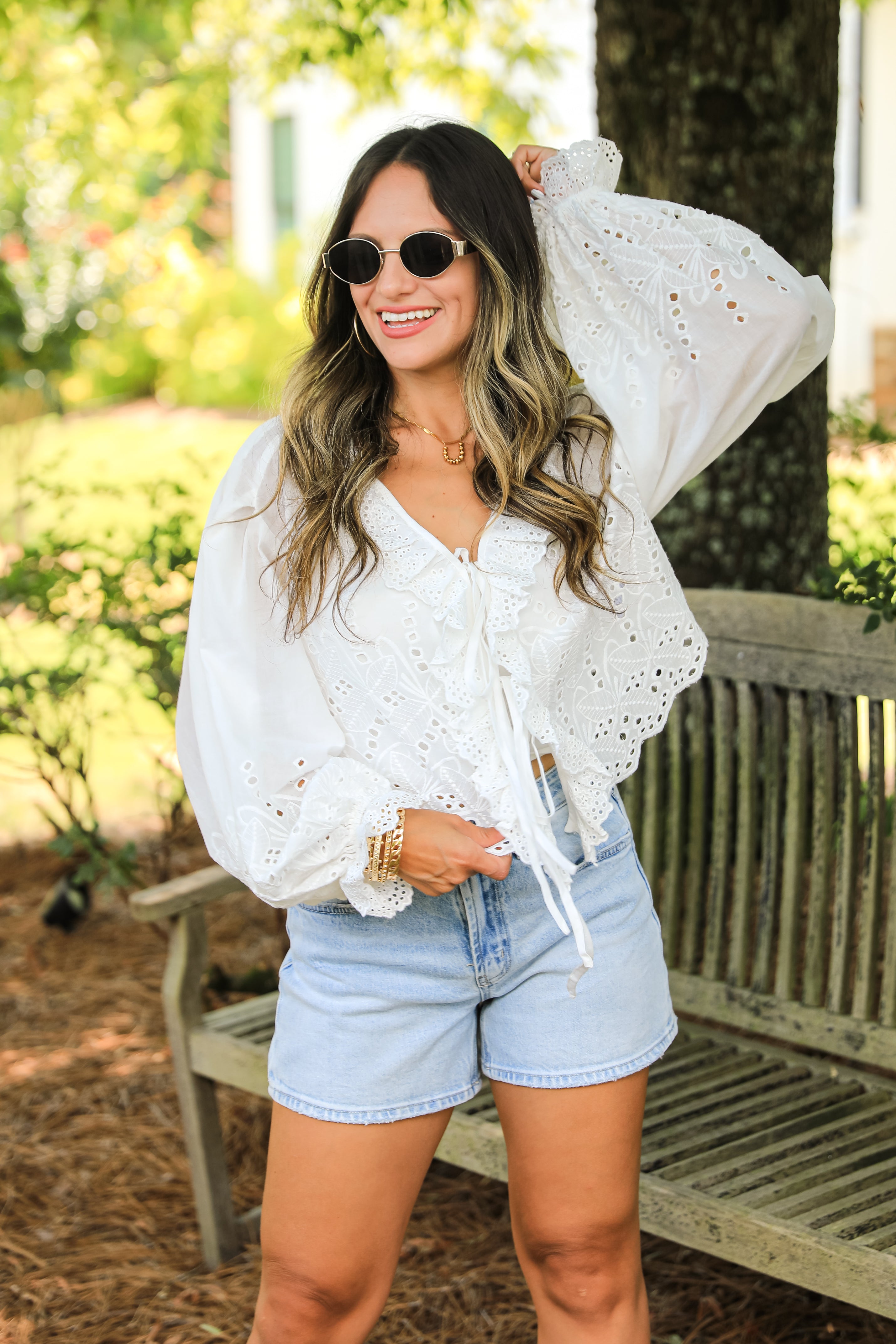 Filled With Joy White Eyelet Tie Blouse