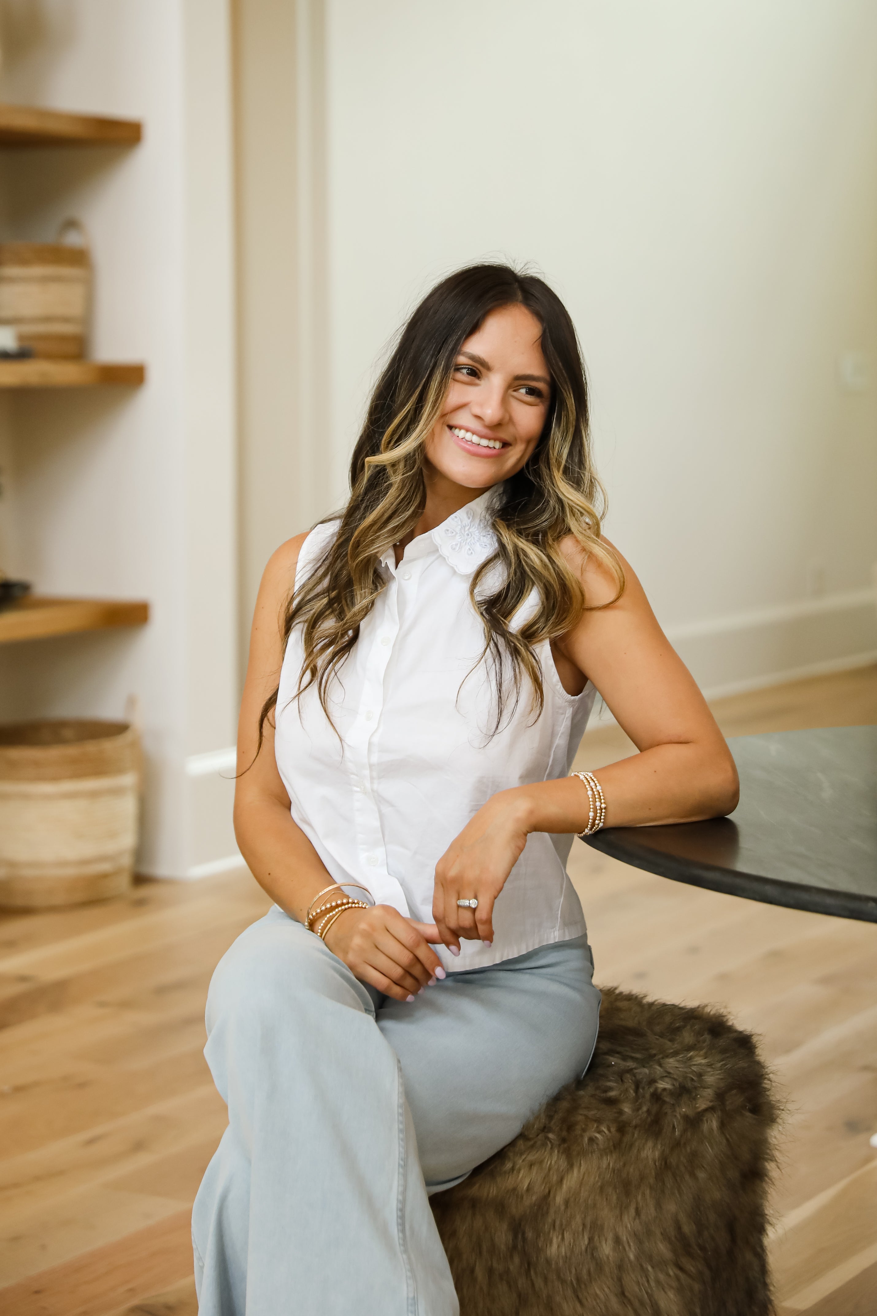 Down To Earth White Eyelet Collared Tank