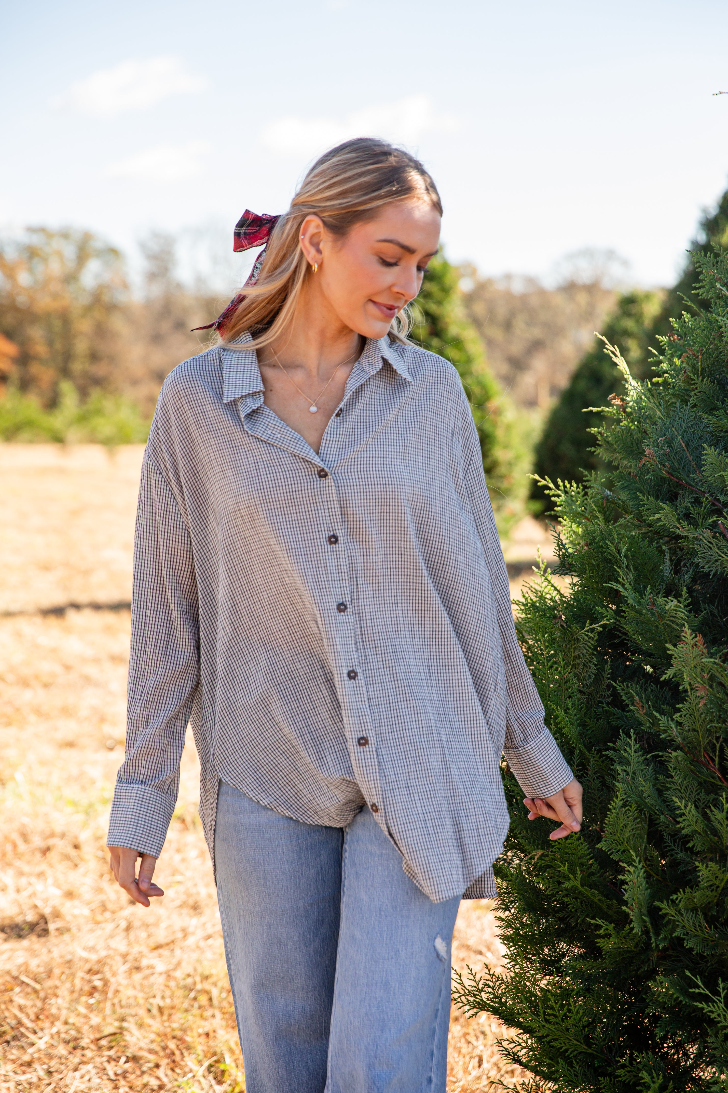 Happily Yours Plaid Oversized Button-Up Blouse