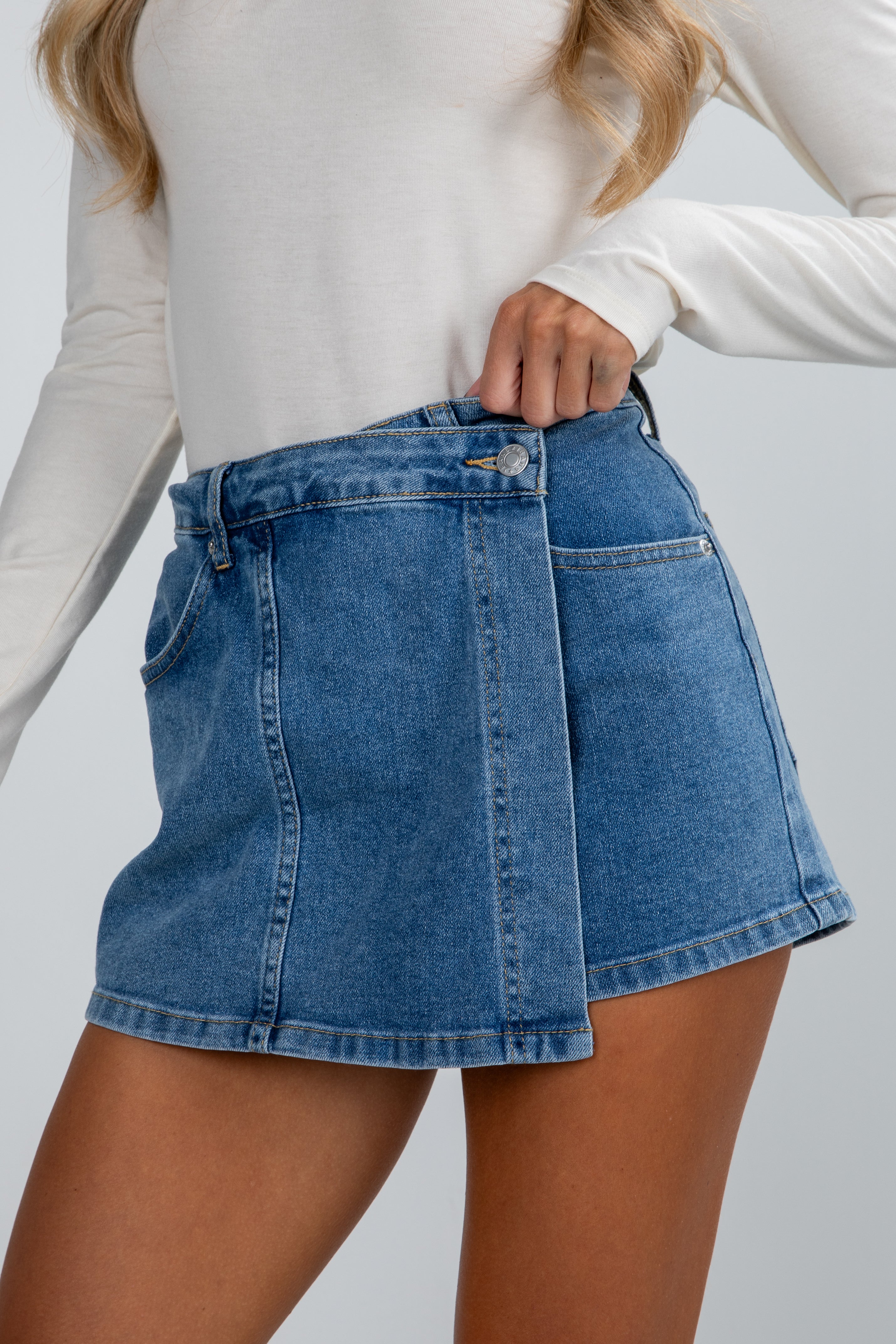 Looking For It Medium Wash Denim Skort