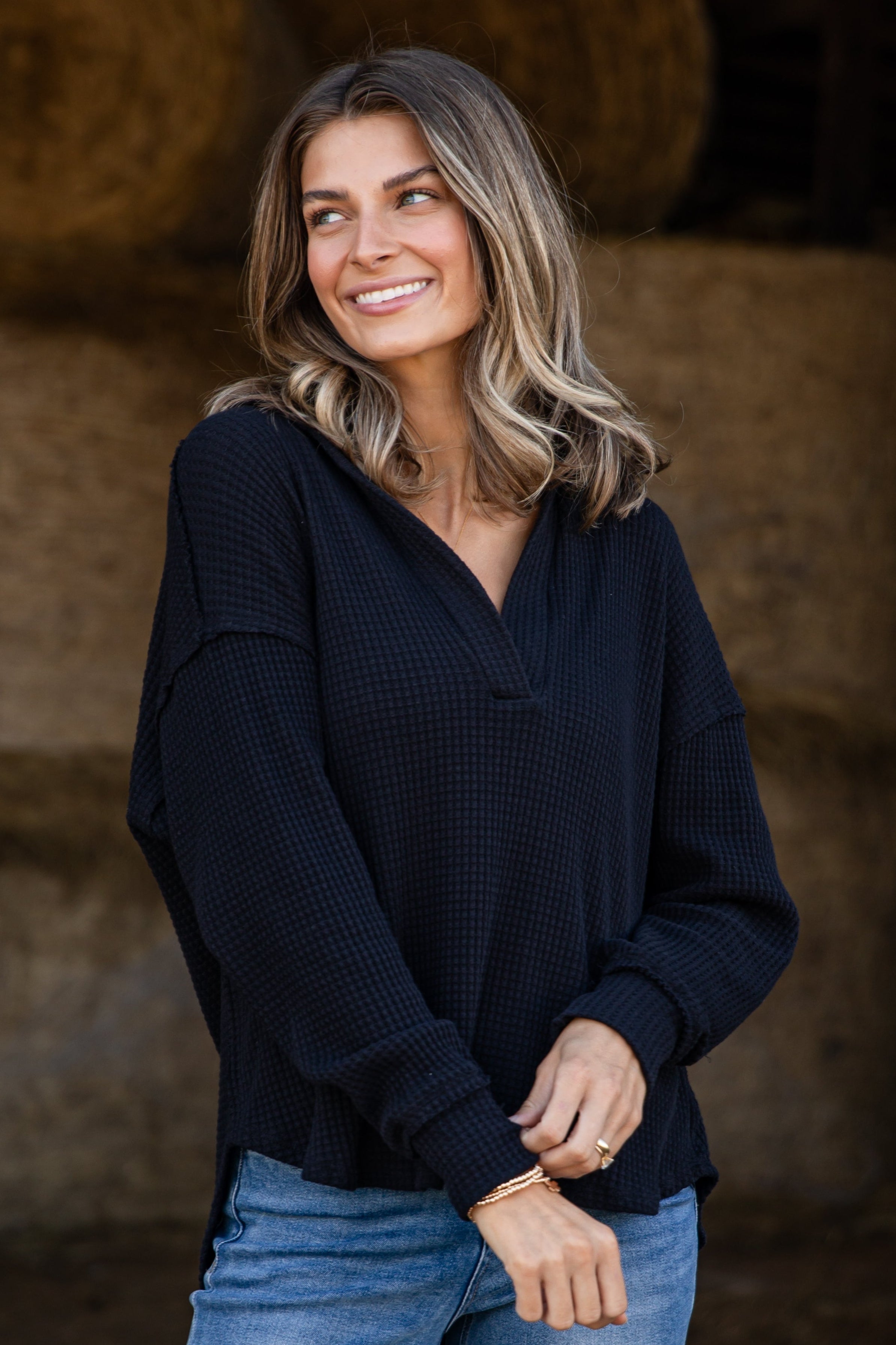 Casual Coziness Collared Waffle Knit Top