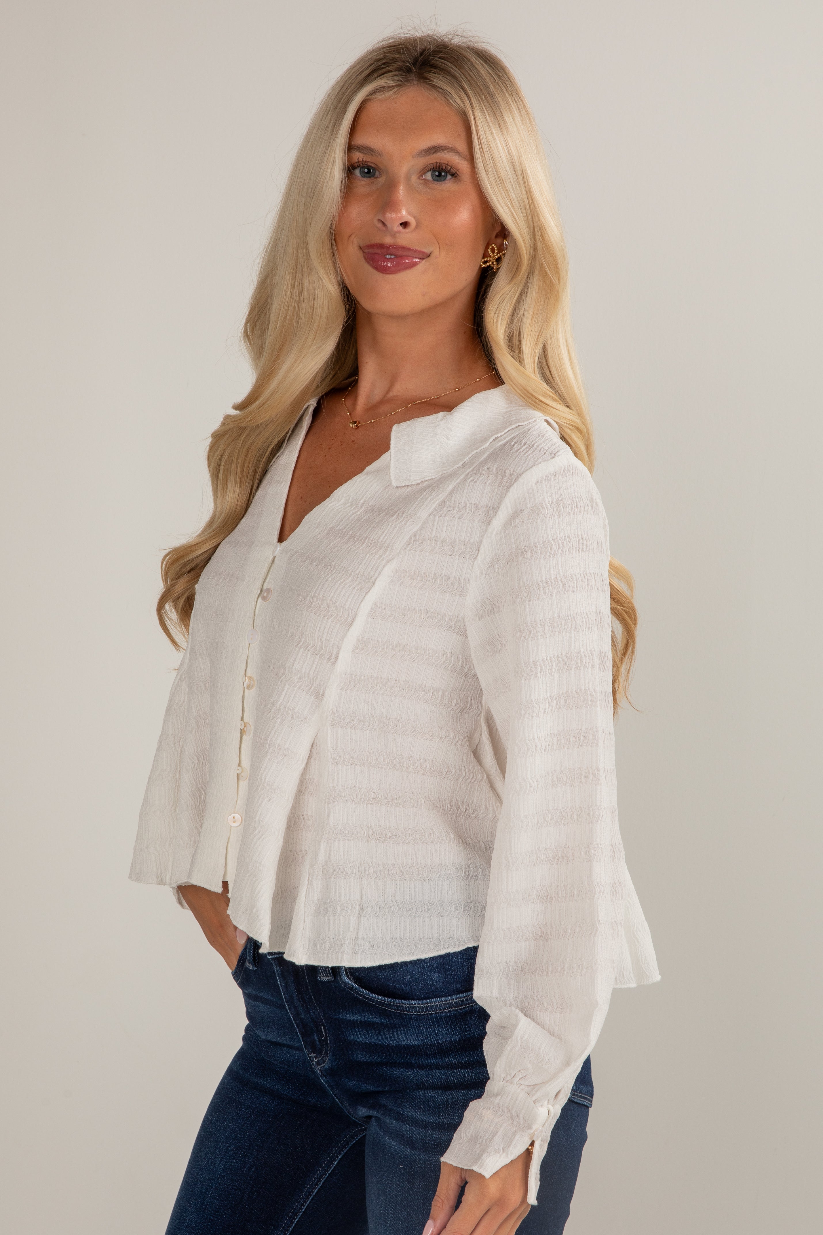 Moment In Time White Textured Blouse