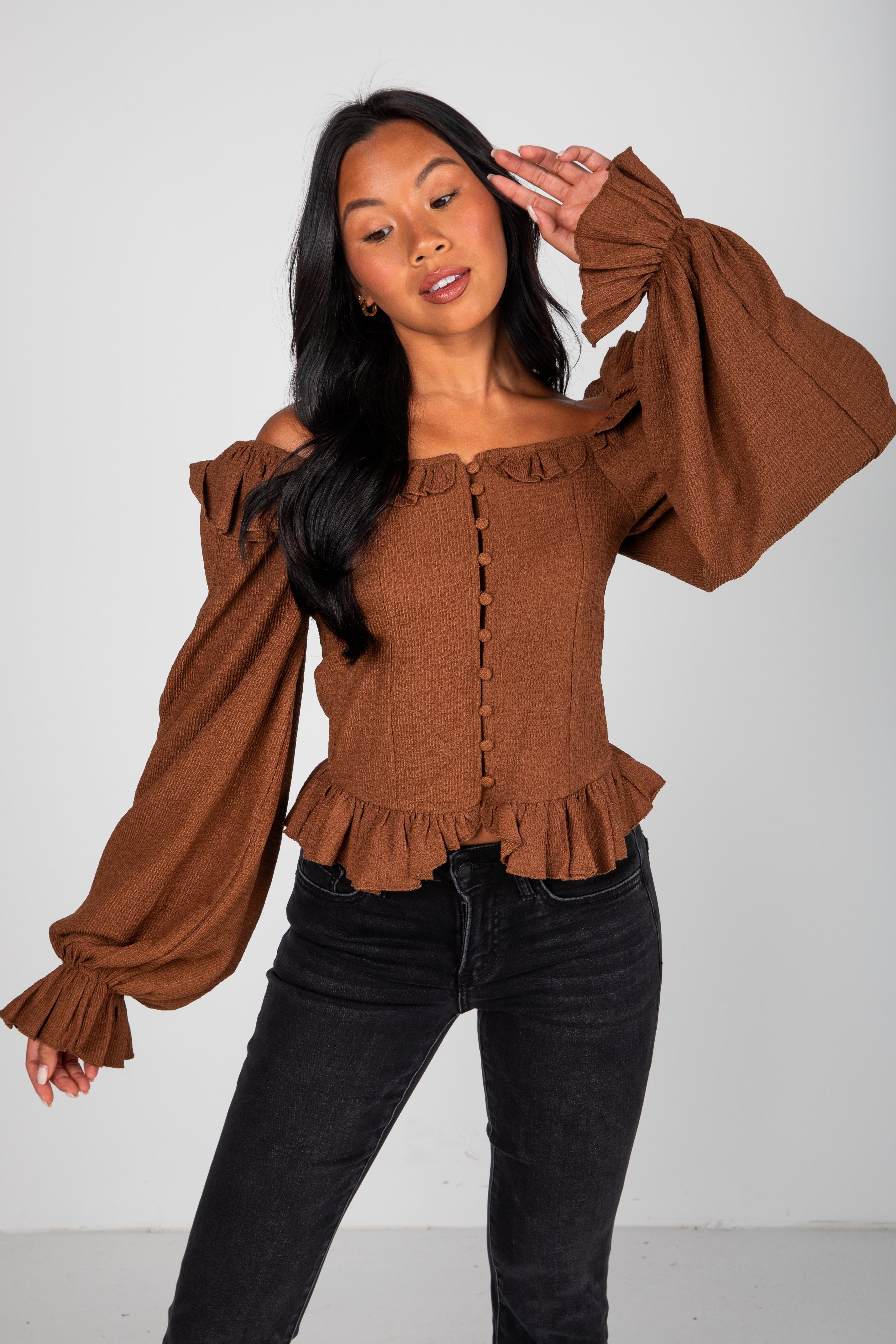 Share Your Story Brown Ruffle Blouse