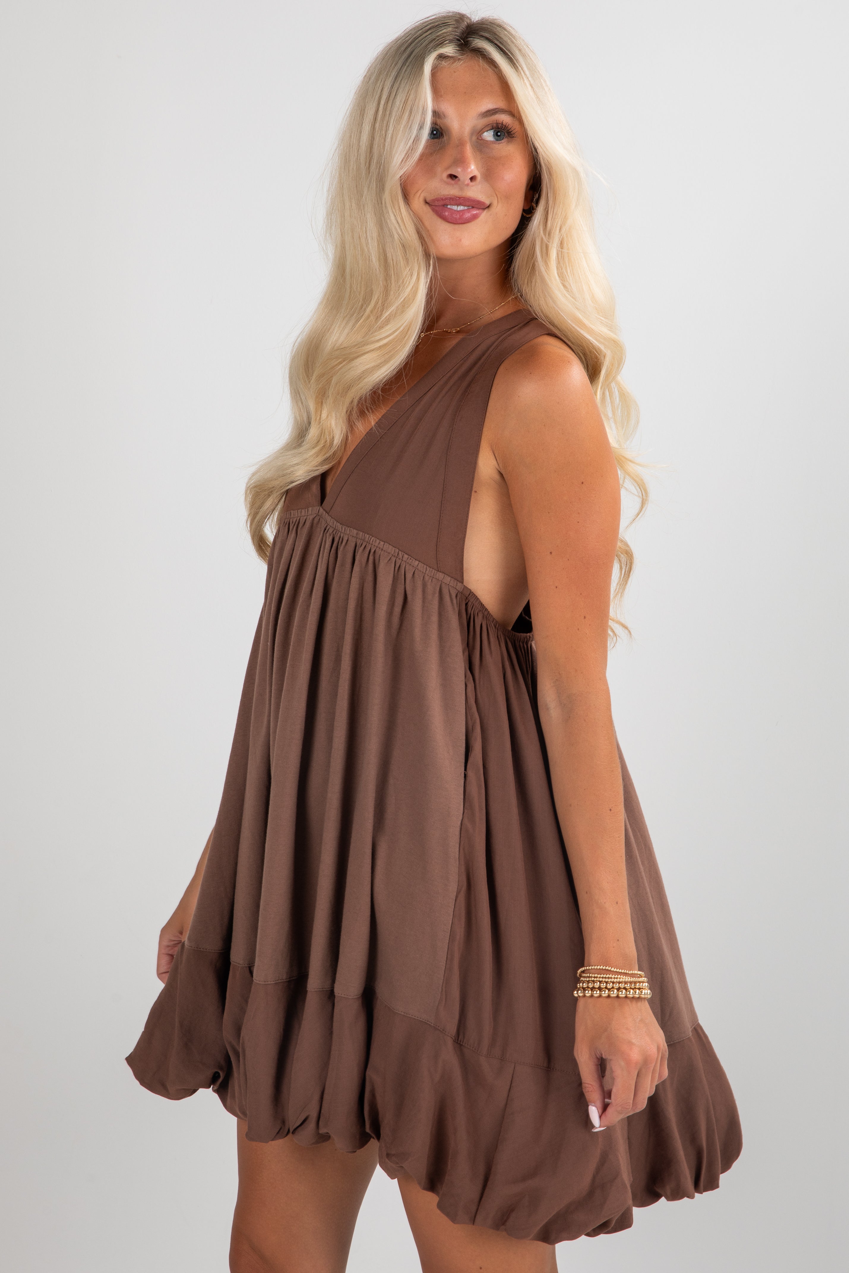 To Be Loved Brown Bubble Hem Mini Dress