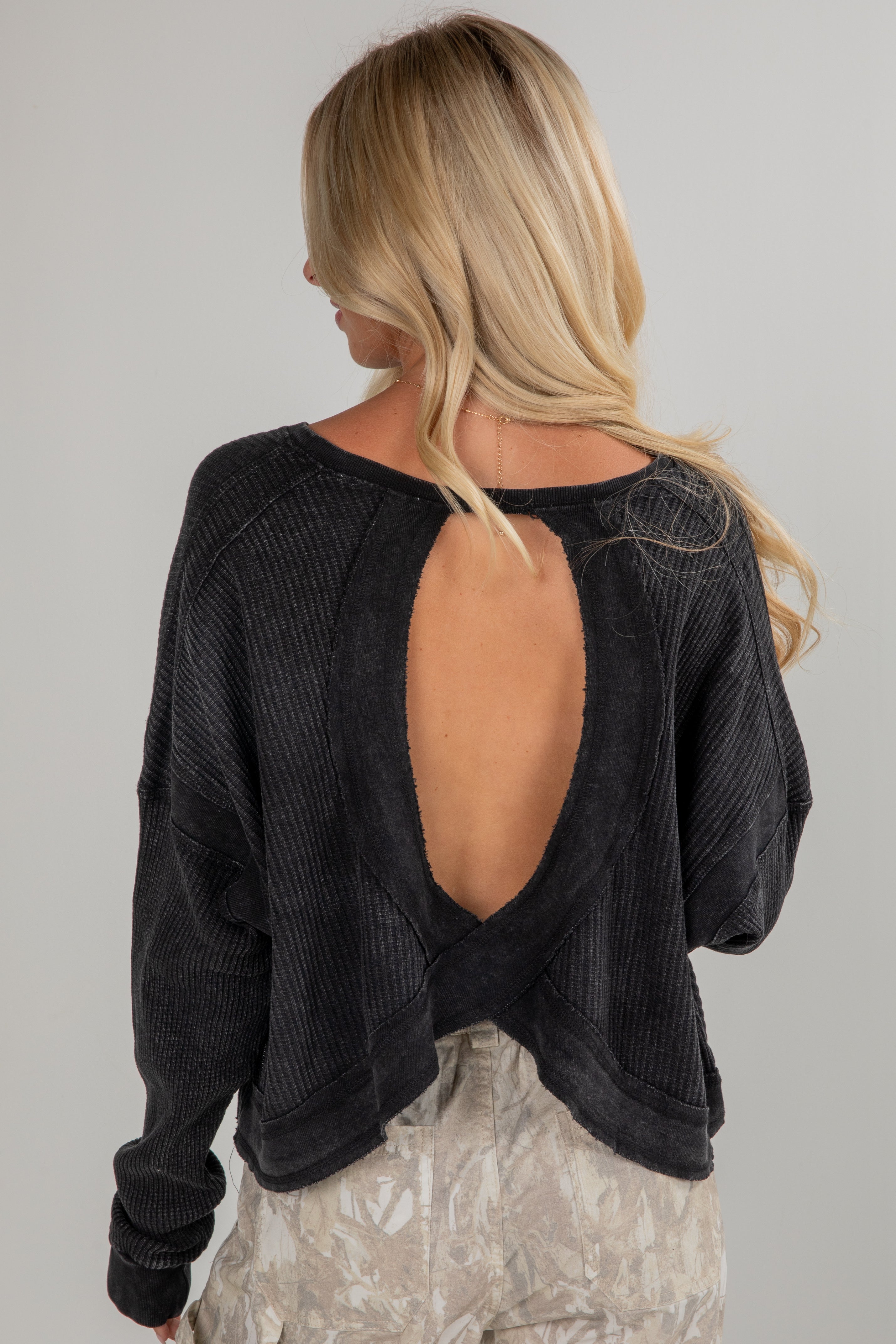 Your Own Time Waffle Knit Open Back Top