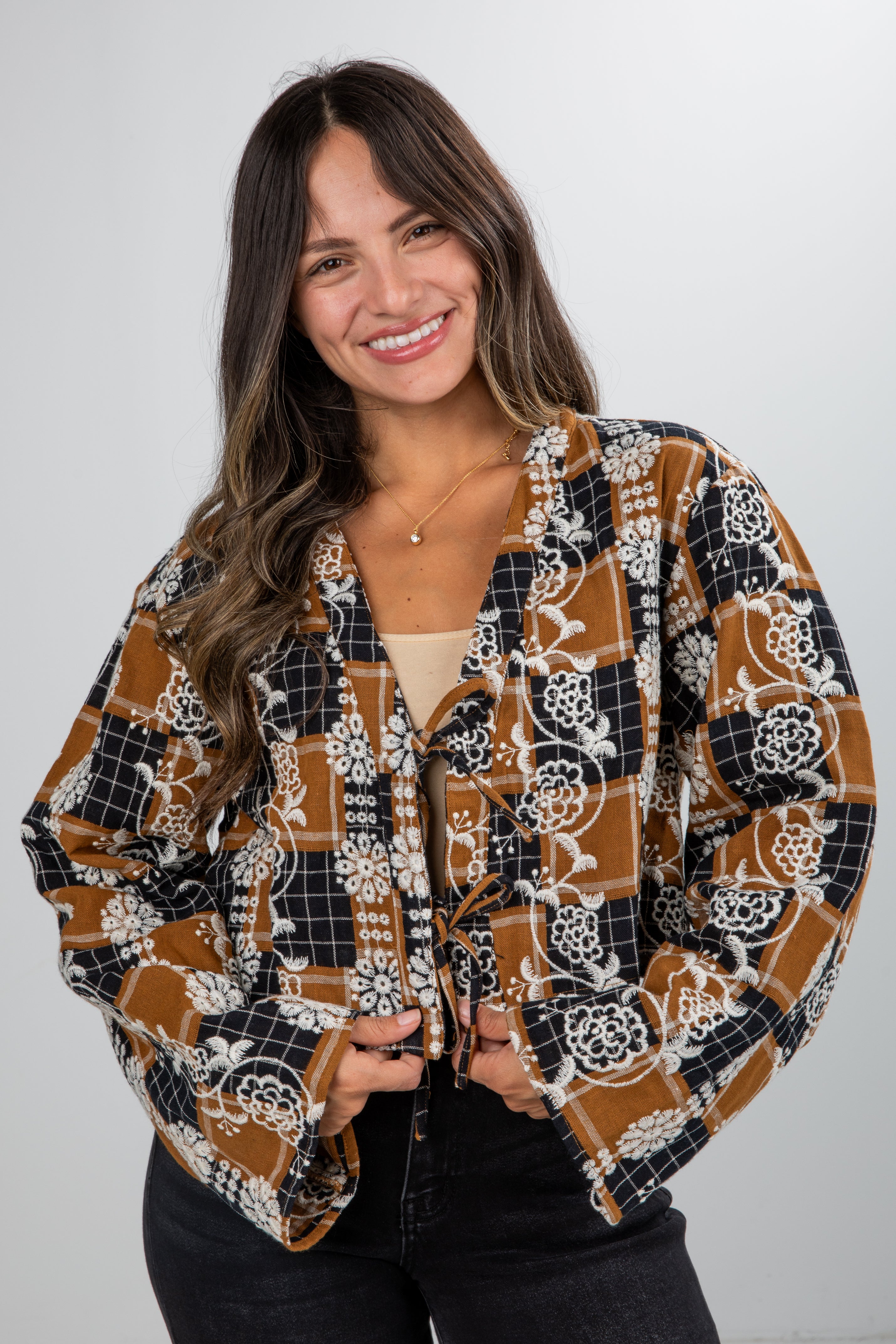 Wonderful Times Black Plaid Embroidered Tie Blouse